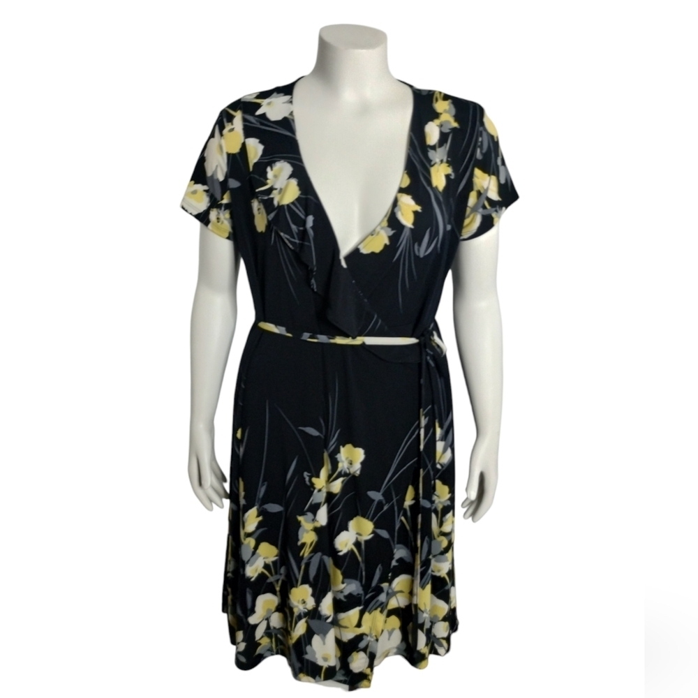 Apt‎ 9 Womens Floral Wrap Sheath Dress Ruffle Tie Waist  BlkYellow XL Whimsical